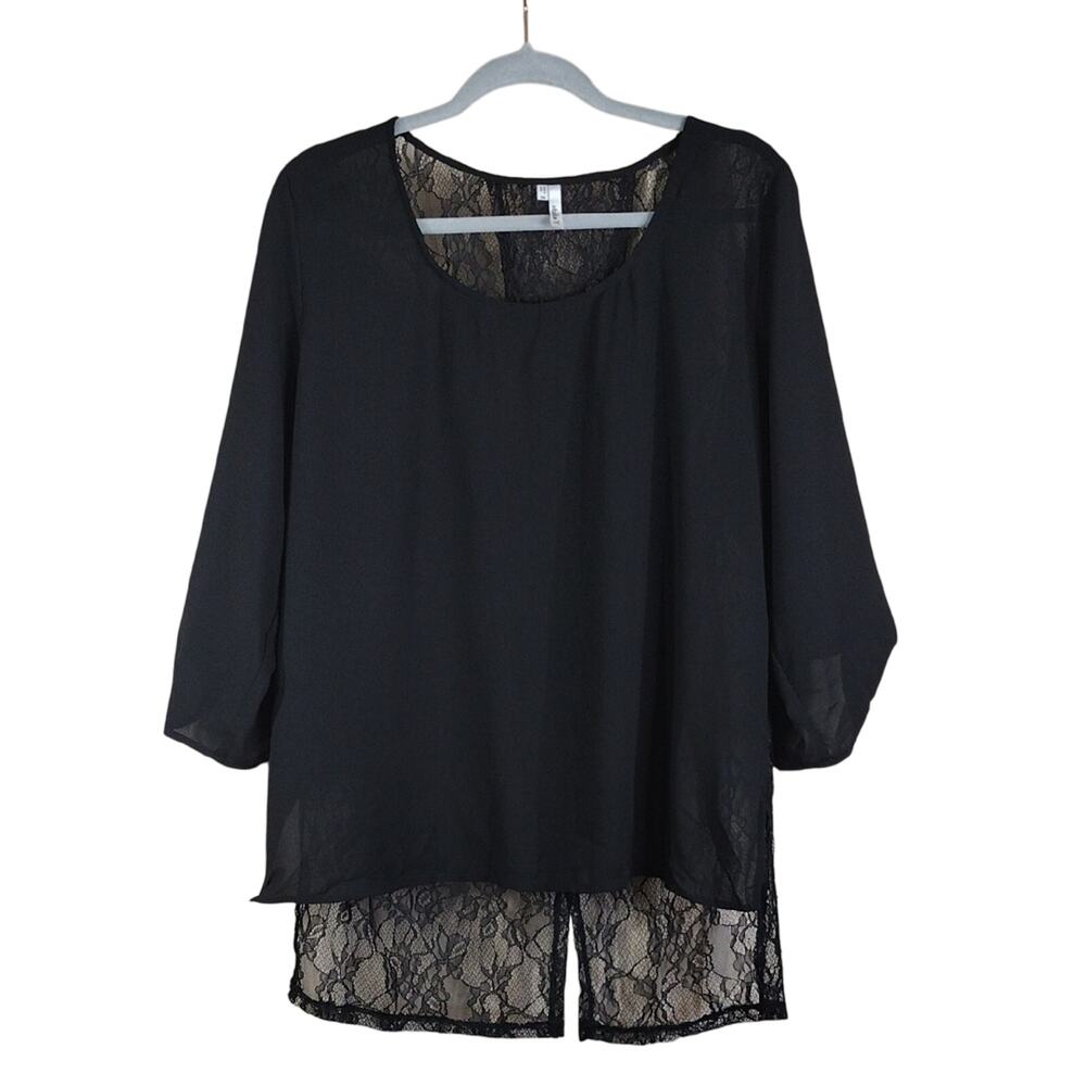 Studio Y Blouse Women’s XXL Black Lace 3/4 Sleeve Flowy Business Casual Plus